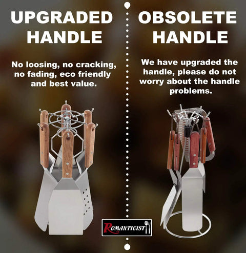 Comparison of upgraded and obsolete handles on the Eight Piece Griddle Tools Set Pro Grade Heavy Duty Stainless Steel Spatula Kit