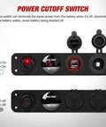 Slick 4 Inch Toggle Switch Panel With Dual USB Power Outlet And LED Voltmeter For Your Rig featuring power cutoff switch and voltage readout.