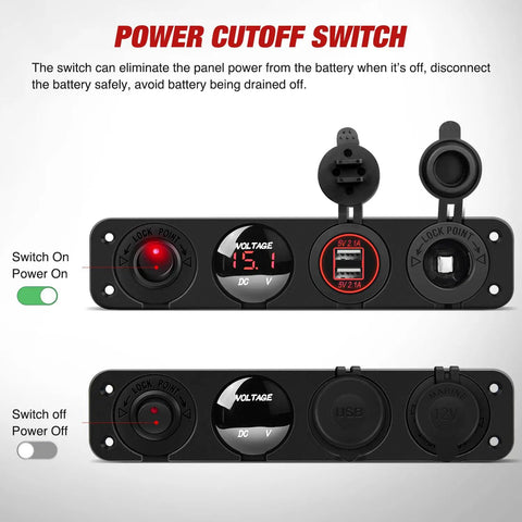 Slick 4 Inch Toggle Switch Panel With Dual USB Power Outlet And LED Voltmeter For Your Rig featuring power cutoff switch and voltage readout.