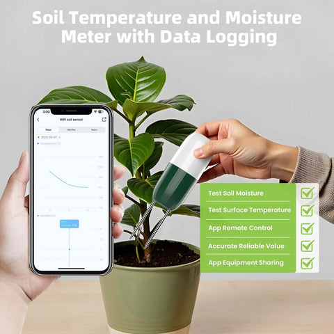 WiFi Soil Moisture And Temperature Sensor For Lawn And Garden No Hub Required Real Time App Alerts shown with plant and smartphone