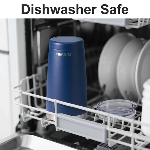 20 Oz Travel Coffee Tumbler Insulated Stainless Steel Cup With Lid in dishwasher, showing navy powder-coated cup and clear lid