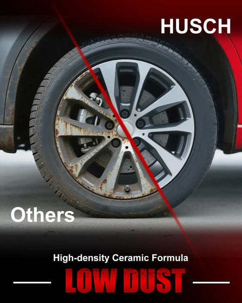 Comparison of dirty and clean wheel demonstrating Rear Ceramic Brake Pads Kit For Infiniti Vehicles Fits EX35 EX37 FX35 FX45 FX37