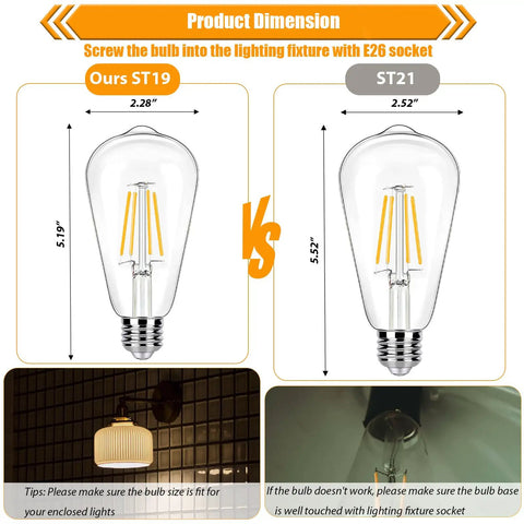 Comparison between ST19 and ST21 bulb sizes; highlighting 16 Pack Vintage LED Edison Bulbs 40W Equivalent Dimmable 4W Filament Bulbs 2200K Amber White ST19 E26 For Ceiling Light Fixtures 450 Lumens Flicker Free Easy Dimming From 10 to 100 Percent