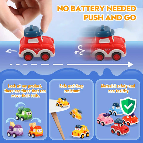 Safe Pull Back Cars Toy Set For Toddlers Ages 1 2 3 12 Construction Vehicle Cars Play Pack Educational Baby Toys For 12 18 Months Kid Approved, hand pushing red taxi car