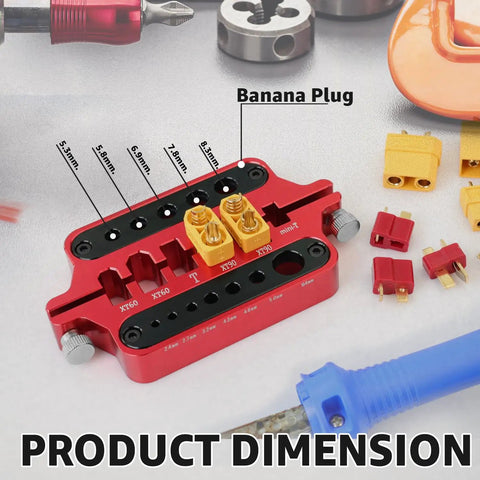 Heavy Duty Red Aluminum Soldering Jig And Welding Station Plate For Rc Connectors Xt60 Xt90 Deans And Banana Plugs with dimensions visible.