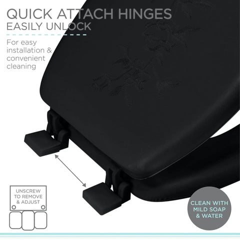 Soft Padded Toilet Seat With Comfy Sponge Cushion Easy To Install Durable Polypropylene Build Non Slip Hinges Embroidered Style Variations
