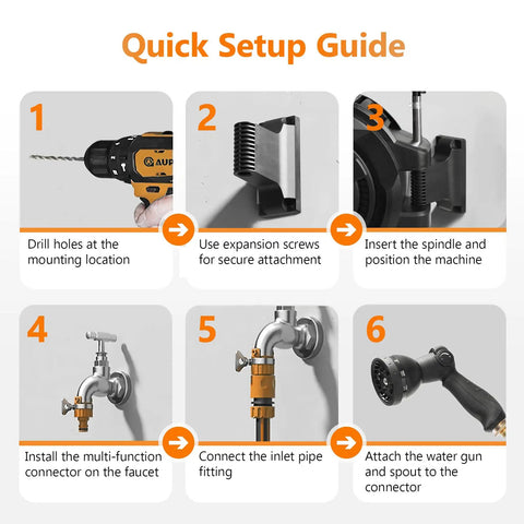 Quick setup guide for Heavy Duty Wall Mounted Retractable Garden Hose Reel with installation steps and tools shown.