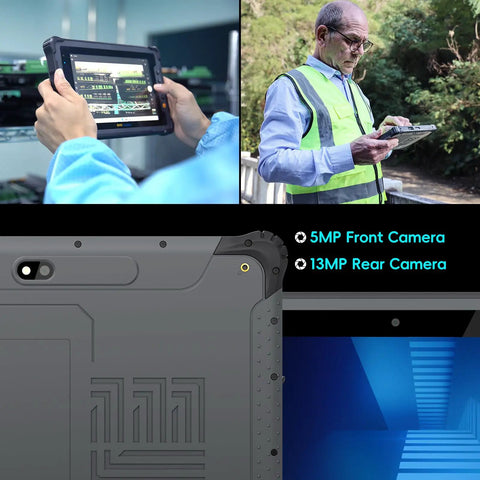 Hardened 10.1 Inch Rugged Tablet With Android 14 And 4G LTE, showing front and rear camera details on a rugged design.