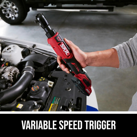 Built-In-Tough Brushless Cordless Ratchet Wrench Set Features Killer 55-Foot-Pound Of Torque And 3/8-Inch Drive with variable speed trigger in hand.