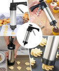 Stainless Steel Cookie Press Kit With 13 Discs And 8 Disc Set For DIY Baking Cookie Gun Press Tool in use with cookies and cupcakes