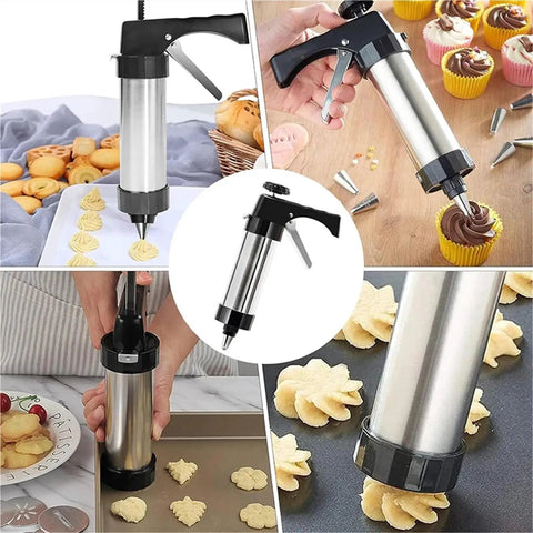 Stainless Steel Cookie Press Kit With 13 Discs And 8 Disc Set For DIY Baking Cookie Gun Press Tool in use with cookies and cupcakes
