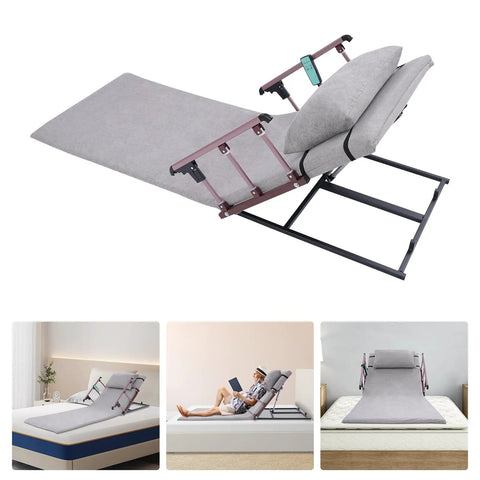 Heavy Duty Electric Bed Backrest With Guardrail For Elderly Support, Adjustable 2-80 Degree Lifting Recliner Frame For Seniors And Patients, Durable Steel Build, Gray headboard in various reclined positions.