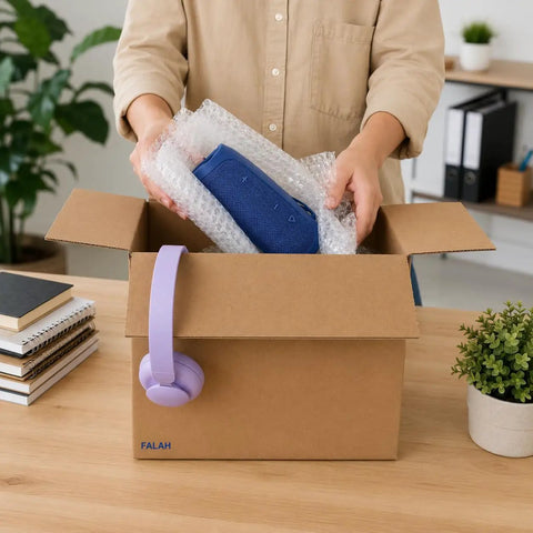 Packing a blue speaker in 12 By 8 By 10 Inches Corrugated Cardboard Shipping Boxes 30 Pack For Packing Mailing Storage And Moving Needs Home And Business Use