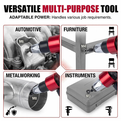 Turn Any Drill Into A Power Rivet Gun With This M3 To M8 Electric Rivet Nut Adapter Kit showcasing versatility in automotive, furniture.