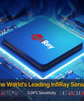 InfiRay sensor chip on a blue circuit board with text highlighting 0.04°C sensitivity and UltraClear technology.