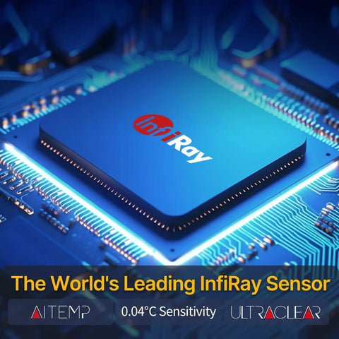 InfiRay sensor chip on a blue circuit board with text highlighting 0.04°C sensitivity and UltraClear technology.
