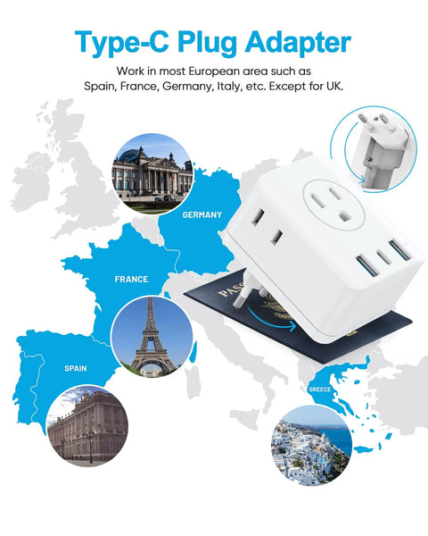 7-In-1 Foldable European Travel Plug Adapter With 4 AC Outlets 2 USB-A Ports And USB-C Fast Charge On The Go US To Europe Power Charger displayed with European map and passport