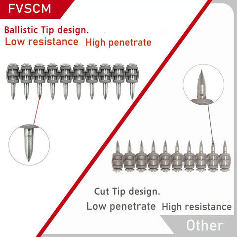 Comparison of ballistic tip and cut tip 5/8 Inch Collated Concrete Nails For Hilti BX3 X-S B3 MX Gas Actuated Tools