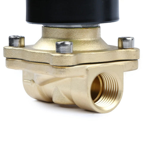 Image of Heavy Duty Brass Electric Solenoid Valve Half Inch 110V AC Normally Closed With Viton Seal showing brass body and NPT threads.