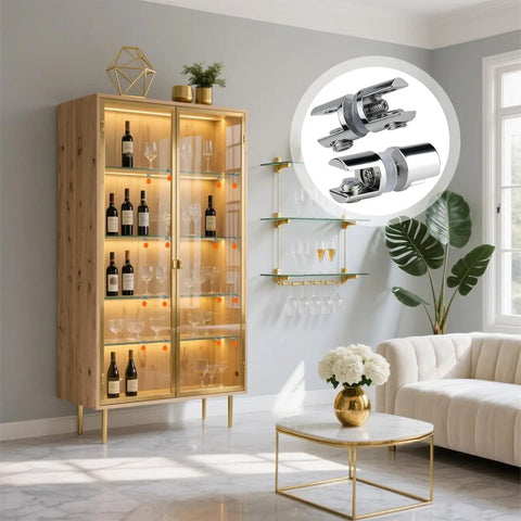 Living room with a showcase cabinet and glass shelves, featuring 5 pack glass clamps for 5 to 10mm thick glass durable rustproof bidirectional mounts.
