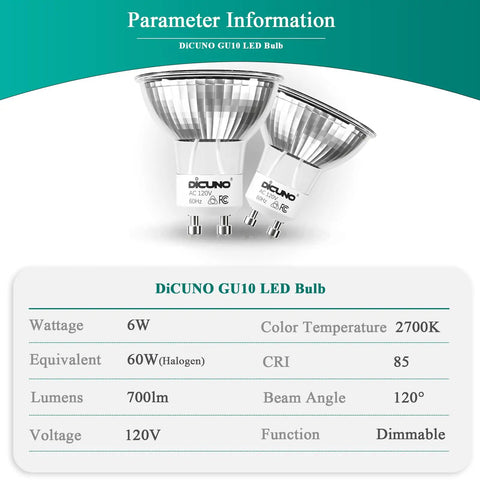 Parameter sheet and two GU10 Dimmable LED Bulbs 2700K Warm White 700 Lumens 6W 120V for Track Lighting and Kitchen