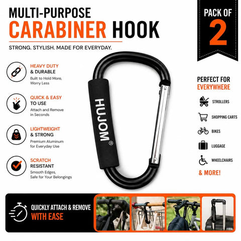 Heavy Duty Stroller Hooks 2 Pack Carabiner Clips for Hanging Diaper Bags Purse Grocery and Shopping Bags Hands Free