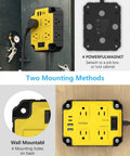 Magnetic Heavy Duty Power Strip With Eight Outlets And A 6.5 Foot Extension Cord Mountable On Metal Surfaces For Wall Or Workbench Use Wide Spaced 3 Sided Design Keeps Big Adapters Accessible, yellow black, mounted