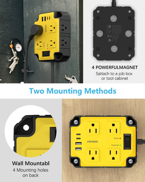 Magnetic Heavy Duty Power Strip With Eight Outlets And A 6.5 Foot Extension Cord Mountable On Metal Surfaces For Wall Or Workbench Use Wide Spaced 3 Sided Design Keeps Big Adapters Accessible, yellow black, mounted