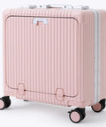 All In One Carry On Mini 19 Inch Smart Hardside Luggage With USB C Charging Front Laptop Compartment Cup And Phone Holder TSA Locks 360 Degree Wheels Grab And Go Ready Fits Overhead Bins Blush