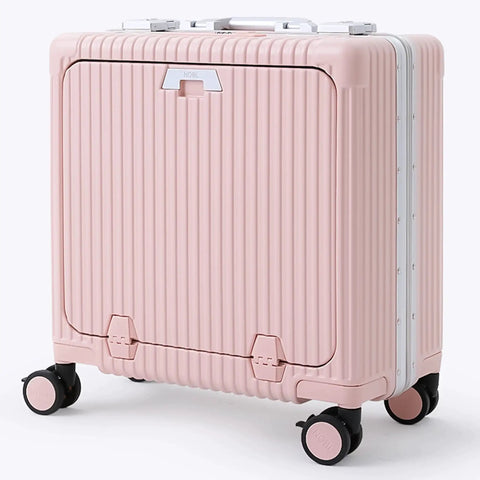 All In One Carry On Mini 19 Inch Smart Hardside Luggage With USB C Charging Front Laptop Compartment Cup And Phone Holder TSA Locks 360 Degree Wheels Grab And Go Ready Fits Overhead Bins Blush