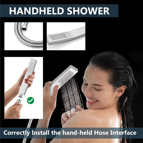 Shower Faucet Set With Rain Shower System And Handheld Spray, woman using Chrome 10 Inch wall-mount shower and handheld spray