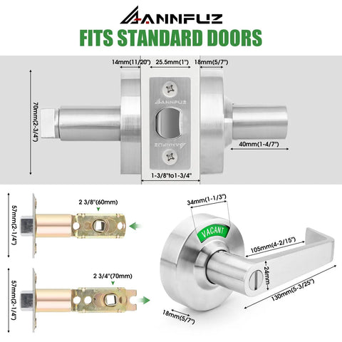 Rock Solid Zinc Alloy Bathroom Privacy Lock With Eye Catching Occupied Vacant Indicator 70Mm Lever Handle dimensions and parts diagram.