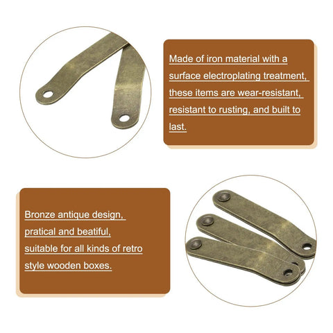 Bronze coated iron stay hinges with screws, heavy duty lid folding support hinges for cabinets and boxes, visible close-up view.