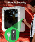 Man using key on Universal Lockable EV Charger Outdoor Enclosure with keypad, mounted against a brick wall.