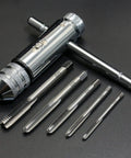 Ratchet T Handle Tap Wrench and 5 Metric Taps M3 M4 M5 M6 M8 Handy Two Way Adjustable Tapping Tool Kit for Home Workshop Compact Tap Holder Set