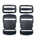 Two Pack One Point Five Inch Flat Side Release Buckles And Tri Glide Slides For Webbing Straps Luggage Pet Collars Backpacks Repair Built To Last Heavy Duty Plastic Quick Release 38mm Compatible, black, front view