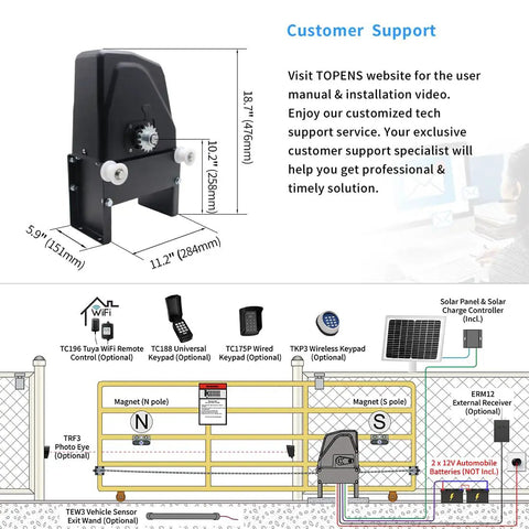 Diagram of Solar Sliding Gate Opener For Heavy Duty Driveway Gates Up To 2600 Lbs with accessories and installation layout.