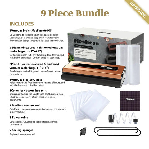 Powerful Vacuum Sealer With 90Kpa Suction 6 In 1 Compact Food Preservation System That Keeps Foods Fresh Built In Cutter Dry And Moist Modes Includes 2 Bag Rolls And 5 Pre Cut Bags Smart Suction Auto Seal ETL Listed Copper in package with accessories visible, including power cable and sealing sponges.