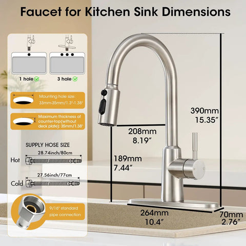 Smooth Operator Brushed Nickel Kitchen Faucet With Pull Down Sprayer Providing Three Versatile Flow Settings And A Flexible Swivel Spout For No Sweat Cleaning dimensions diagram.