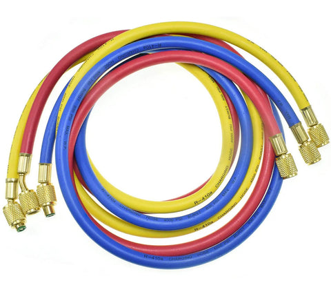 Three Way AC Diagnostic Manifold Gauge Set For Freon Charging Fits R410A R22 R404A Refrigerants With 60 Inch Hoses And Quarter Inch Thread Two Quick Couplers For HVAC And Auto AC Maintenance DIY Friendly, coiled hose set