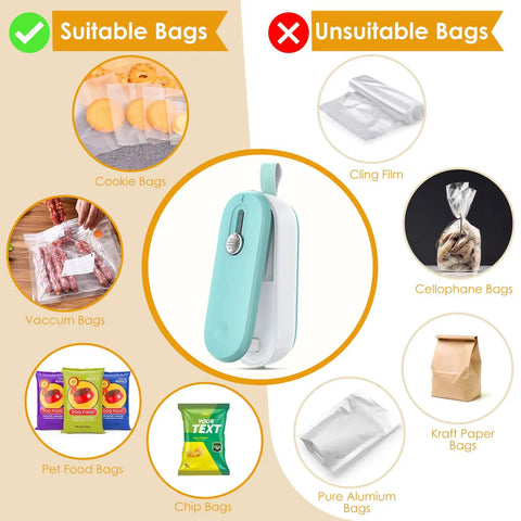 2 In 1 Mini Bag Sealer With Cutter And Lanyard, No Preheat Heat Seal shown with suitable and unsuitable bag types