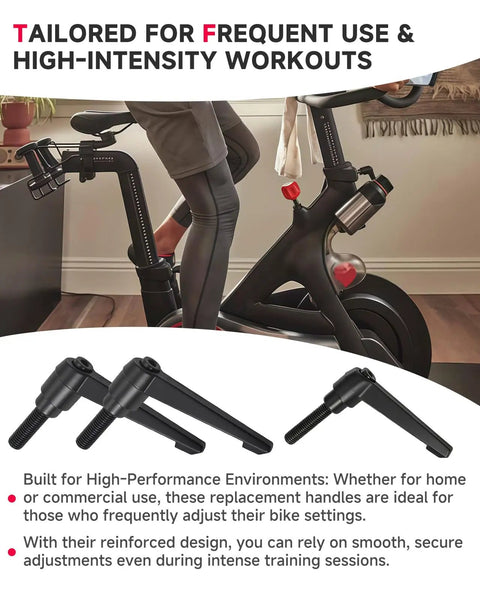 Peloton Exercise Bike L Handle Replacement Kit with three L handles for seat adjustments, shown with bike and instructions.