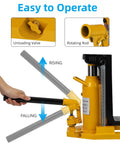 Heavy Duty Hydraulic Toe Jack Delivering Solid 20 Ton Lift With Easy Squeeze Pump For Farm Rigs And Garage Builds Built Like A Brick House In Safety Yellow Color, showing control handle and unloading valve.
