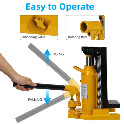 Heavy Duty Hydraulic Toe Jack Delivering Solid 20 Ton Lift With Easy Squeeze Pump For Farm Rigs And Garage Builds Built Like A Brick House In Safety Yellow Color, showing control handle and unloading valve.