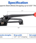Badass Steel Strapping Tensioner Hand Tool For Metal Banding Three Eighths To Three Quarters Inch, measuring 11" x 3.5", 800N tension.