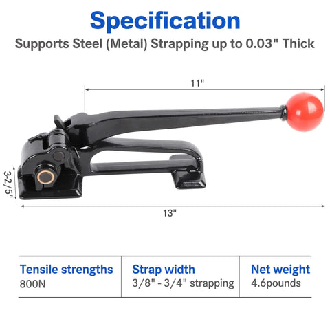 Badass Steel Strapping Tensioner Hand Tool For Metal Banding Three Eighths To Three Quarters Inch, measuring 11" x 3.5", 800N tension.