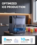 Nugget Ice Maker Countertop With App And Voice Control Self Cleaning Ice Machine on kitchen counter, dimensions shown, drinks nearby