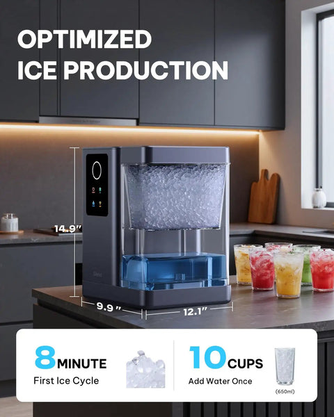 Nugget Ice Maker Countertop With App And Voice Control Self Cleaning Ice Machine on kitchen counter, dimensions shown, drinks nearby