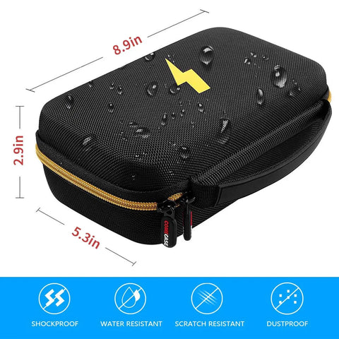 Hard Carrying Case For Fluke Digital Multimeters with dimensions, water-resistant feature, and lightning bolt design.