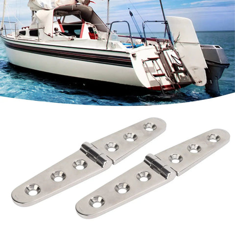 Tough As Nails Heavy Duty Strap Hinges, 1 Pair Real Deal Stainless Steel Marine Grade Hardware, three mounting holes displayed on a boat.